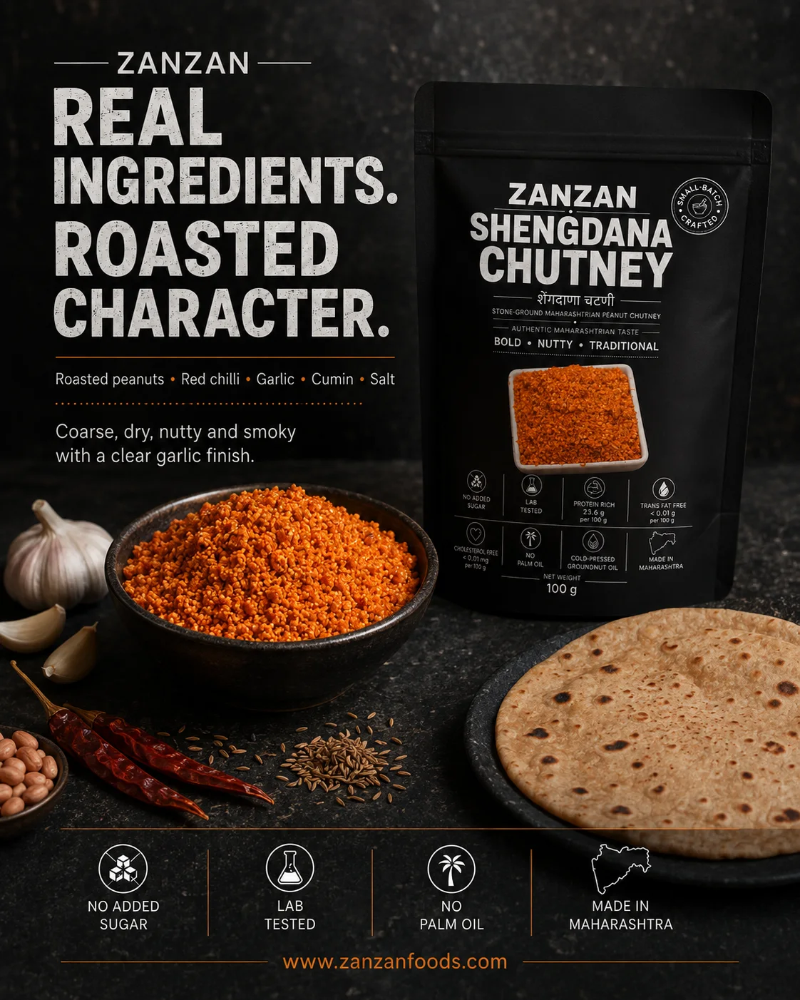 ZANZAN products with real peanuts, flaxseed, garlic and chillies