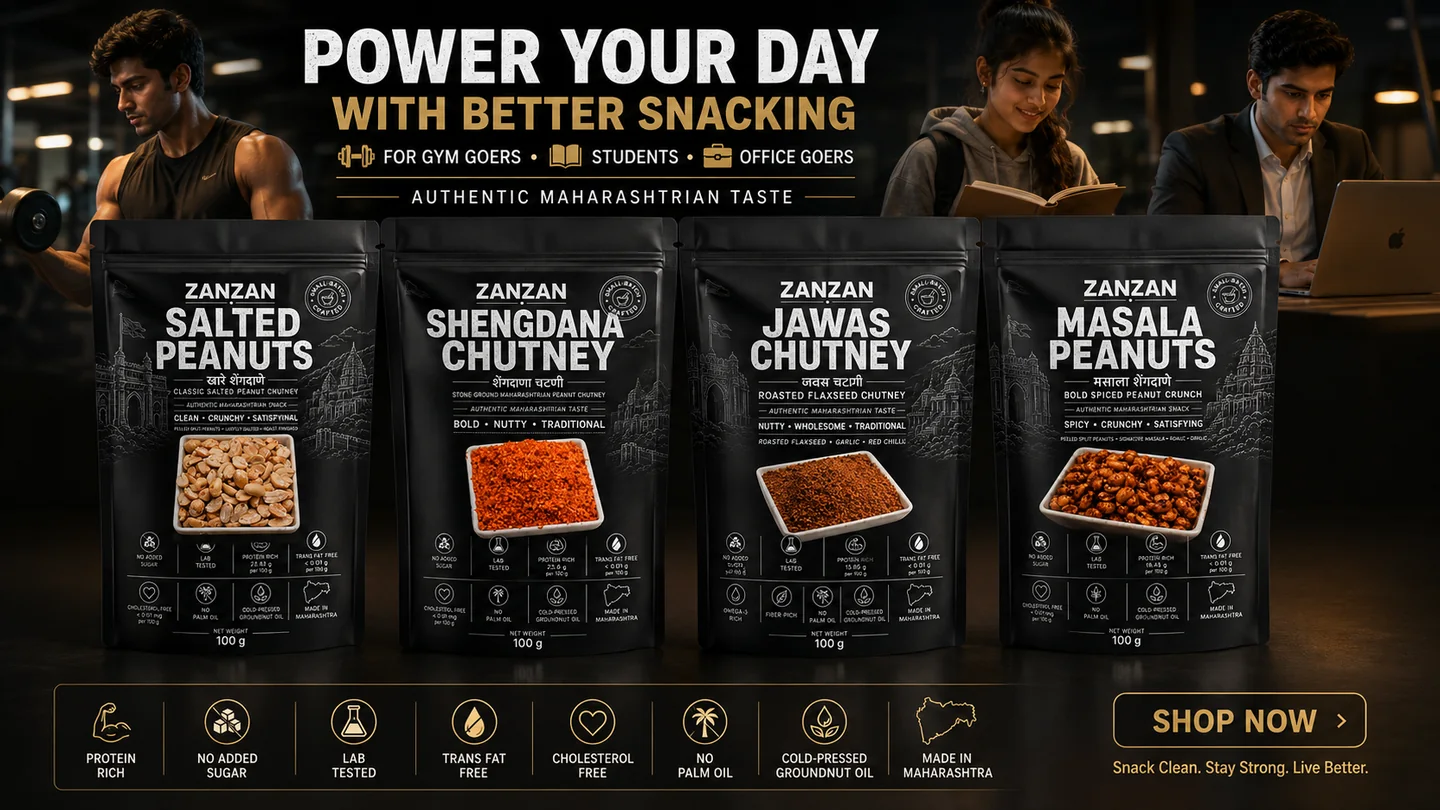 Four ZANZAN chutney and peanut snack pouches for gym, study and office routines